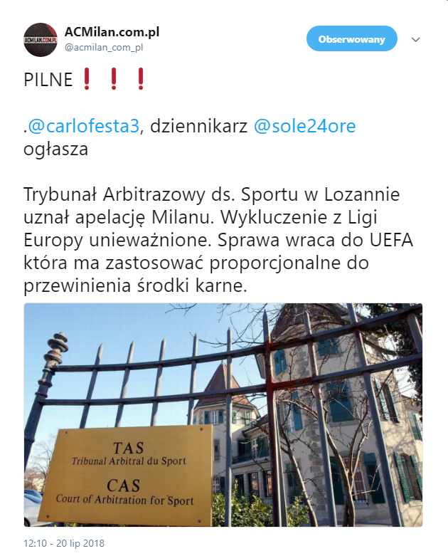 PILNE! Zmiana decyzji w sprawie wykluczenia Milanu z pucharów